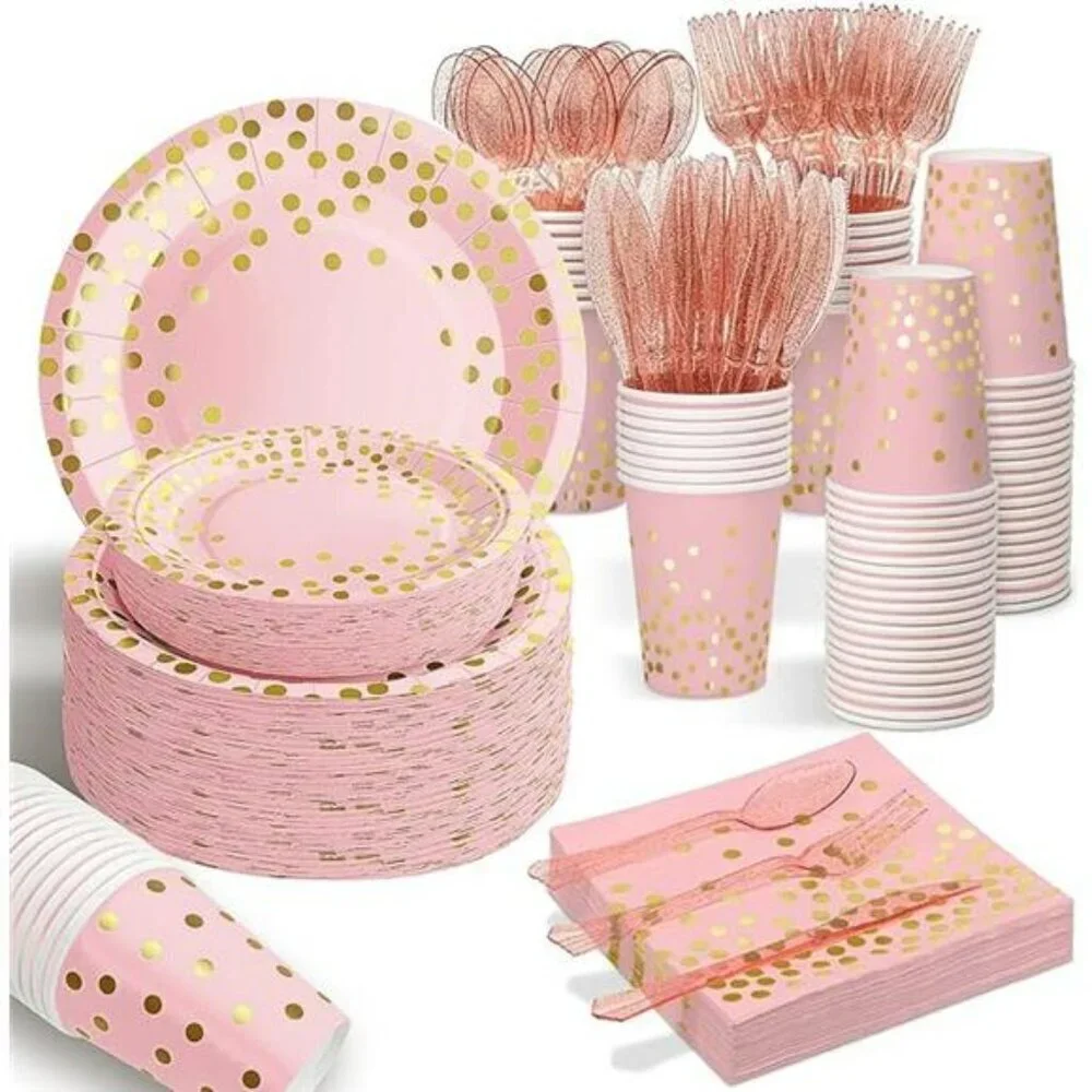 Pink Rose Gold Party Supplies Set for 25 Guests Plates Cups Napkins Cutlery